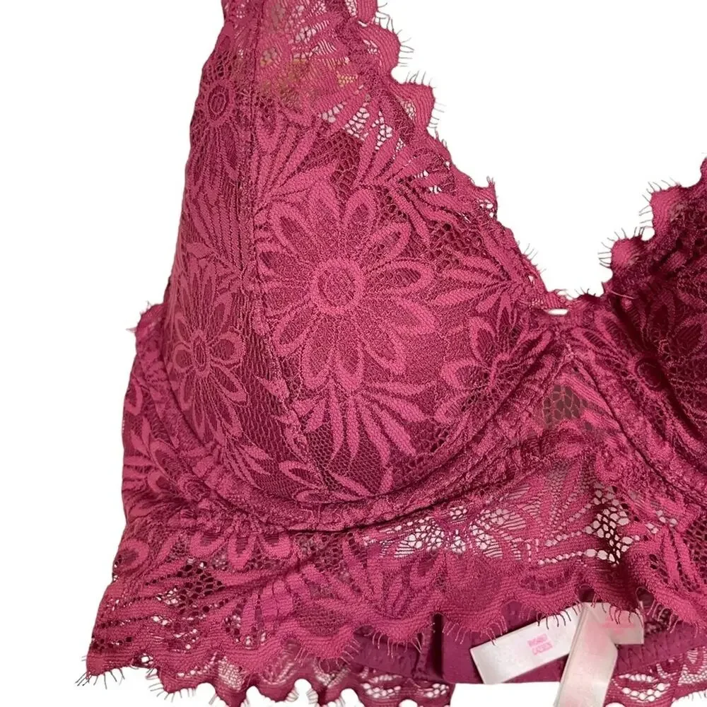 VICTORIA'S SECRET Pink Lace Floral Halter Lightly Lined BRALETTE Bra Underwire S